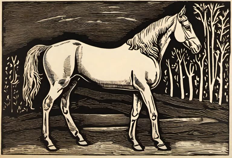 Woodcut,Woodcut, Animal, horse, no humans, monochrome, horse, traditional media, solo, nature, bamboo, forest