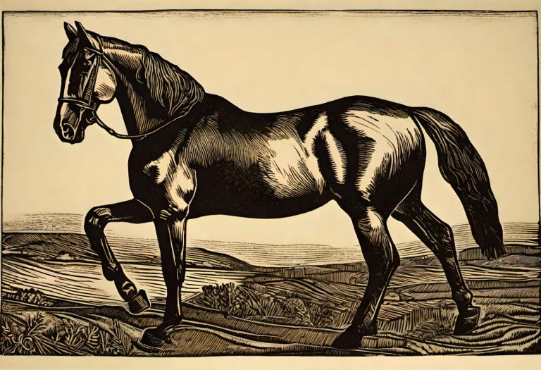 Woodcut,Woodcut, Animal, horse, no humans, horse, monochrome, solo, traditional media, grass, fine art parody