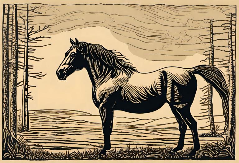 Woodcut,Woodcut, Animal, horse, no humans, horse, cloud, monochrome, outdoors, grass, sky, tree, solo