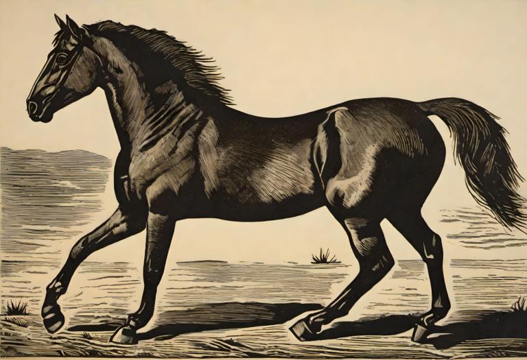 Woodcut,Woodcut, Animal, horse, no humans, horse, monochrome, solo, full body, traditional media, signature