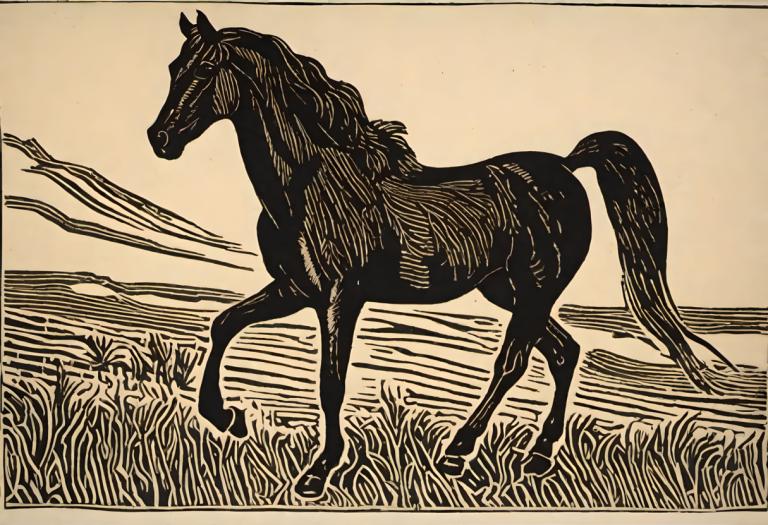 Woodcut,Woodcut, Animal, horse, no humans, horse, grass, fine art parody, monochrome, solo, parody