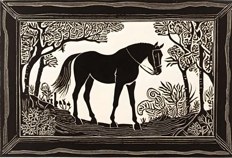 Woodcut,Woodcut, Animal, horse, no humans, monochrome, horse, solo, tree, greyscale