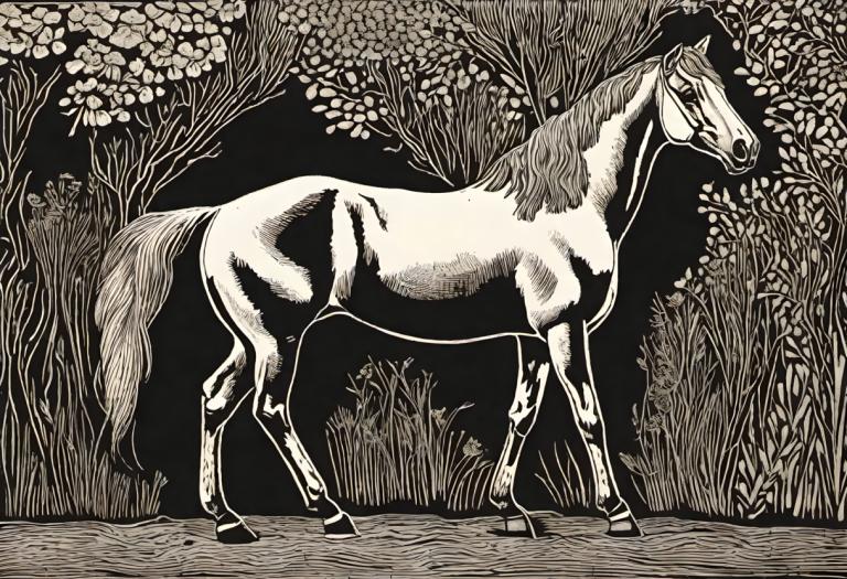 Woodcut,Woodcut, Animal, horse, monochrome, no humans, traditional media, nature, horse, solo, tree