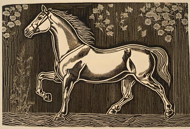 Woodcut,Woodcut, Animal, horse, horse, monochrome, no humans, solo, riding, horseback riding