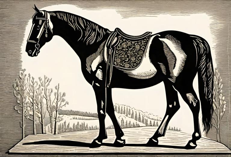 Woodcut,Woodcut, Animal, horse, no humans, horse, monochrome, traditional media, tree, solo, outdoors