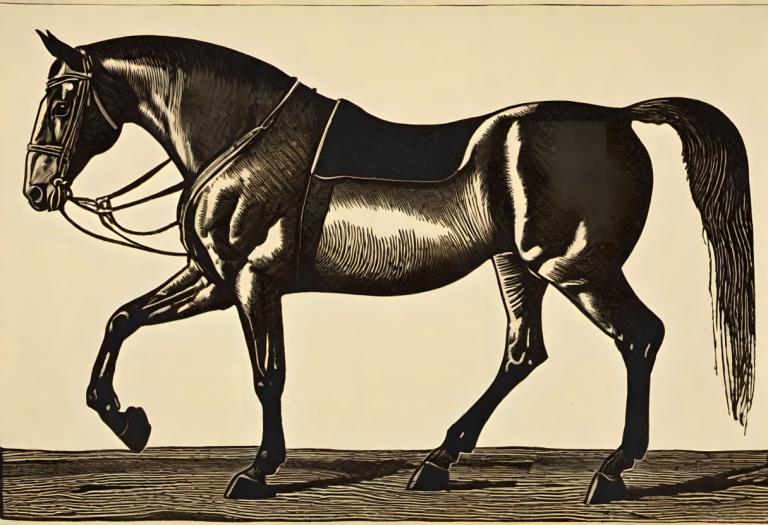 Woodcut,Woodcut, Animal, horse, no humans, horse, traditional media, monochrome, solo, from side, realistic