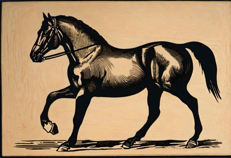 Woodcut,Woodcut, Animal, horse, horse, no humans, solo, monochrome, sepia, realistic, traditional media