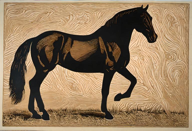 Woodcut,Woodcut, Animal, horse, no humans, horse, grass, monochrome, solo, fine art parody, from side