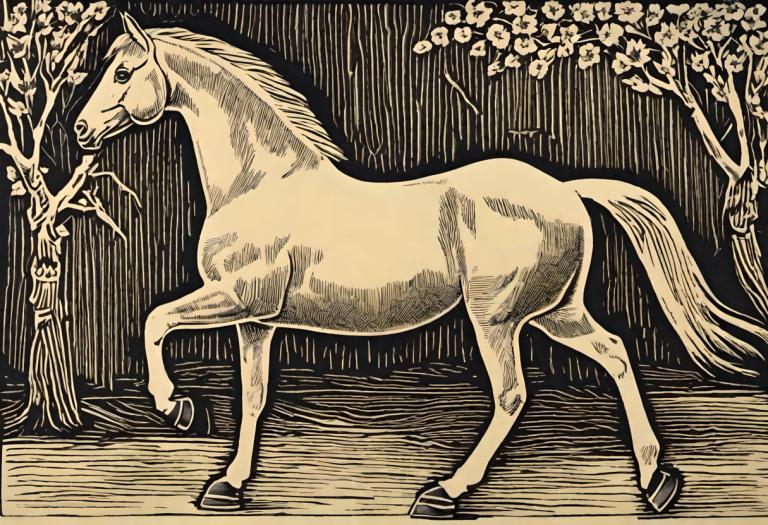 Woodcut,Woodcut, Animal, horse, no humans, monochrome, tree, traditional media, solo, horse, branch