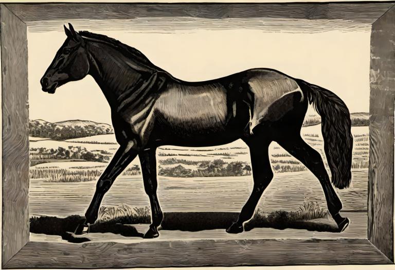 Woodcut,Woodcut, Animal, horse, no humans, monochrome, horse, outdoors, solo, border, from side, grass