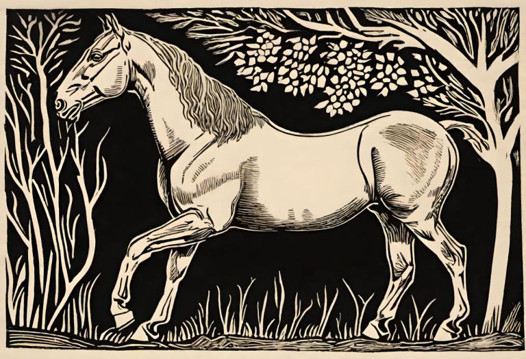 Woodcut,Woodcut, Animal, horse, no humans, solo, monochrome, pokemon (creature), grass, tree, outdoors