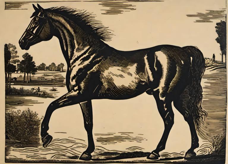 Gravure sur bois,Gravure sur bois, Animal, cheval, pas d'humains, cheval, en plein air, arbre, monochrome