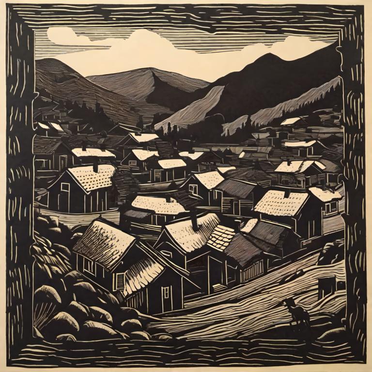 Woodcut,Woodcut, Village, village, monochrome, no humans, scenery, traditional media, mountain, border, house