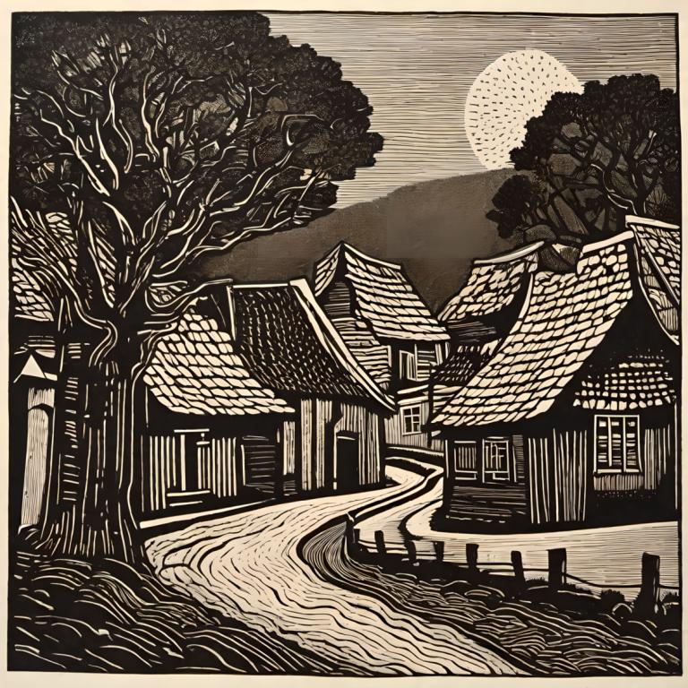 Woodcut,Woodcut, Village, village, tree, no humans, moon, monochrome, border, architecture