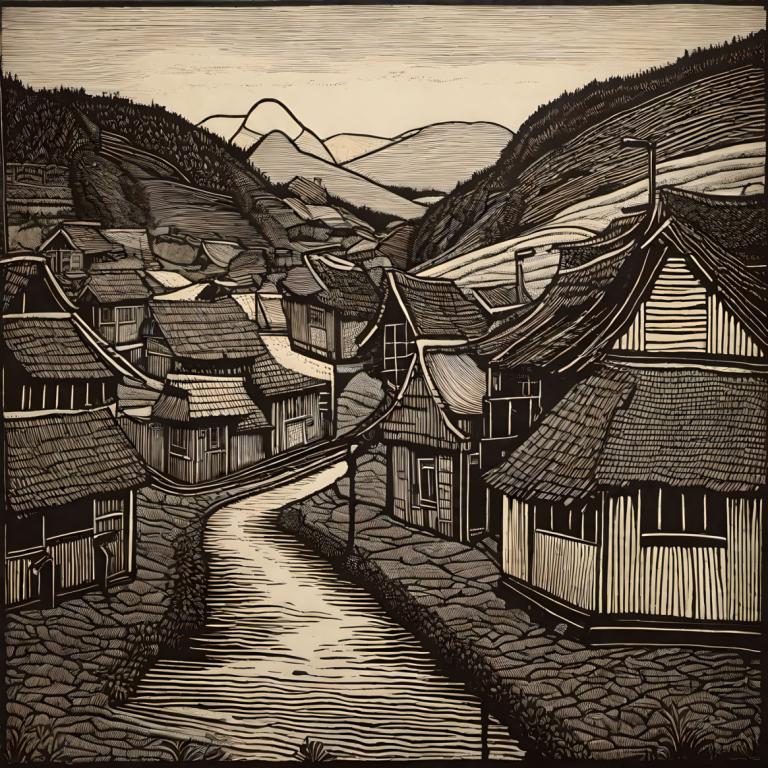 Woodcut,Woodcut, Village, village, no humans, monochrome, east asian architecture, scenery, traditional media