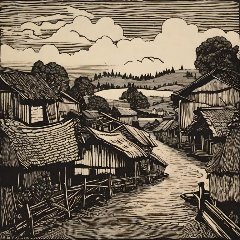 Woodcut,Woodcut, Village, village, monochrome, tree, no humans, scenery, east asian architecture, greyscale