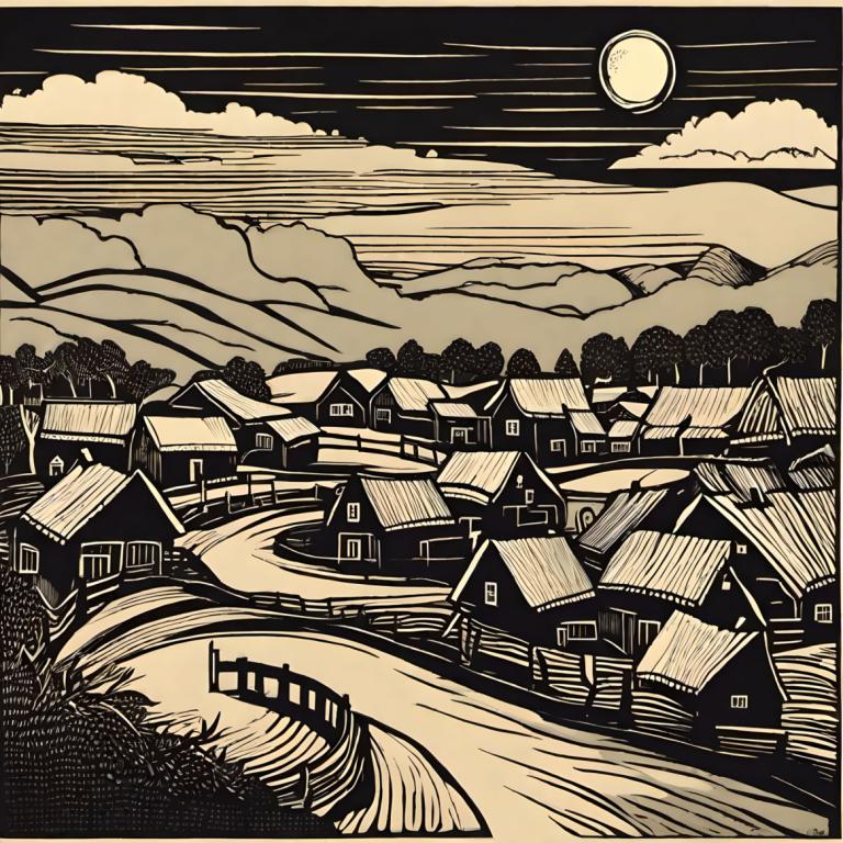 Woodcut,Woodcut, Village, village, monochrome, no humans, moon, tree, cloud, house, sky, full moon, outdoors