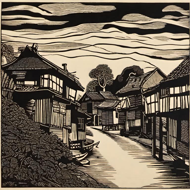 Woodcut,Woodcut, Village, village, monochrome, tree, east asian architecture, architecture, no humans, cloud