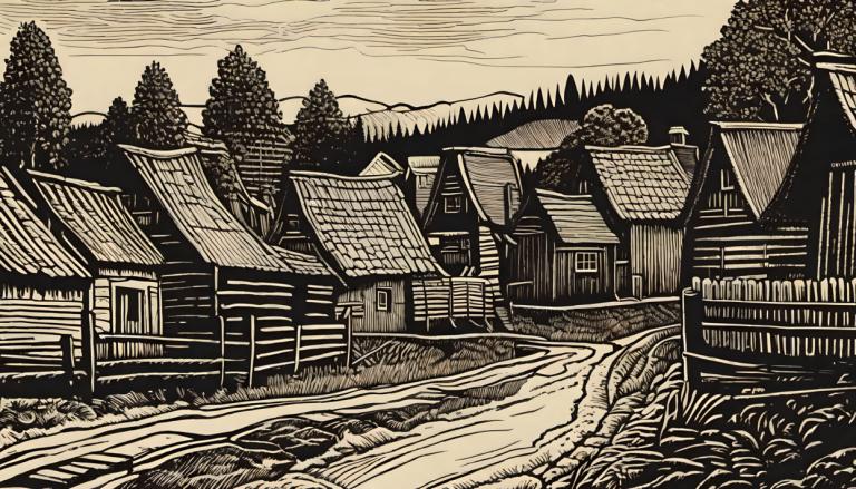 Woodcut,Woodcut, Village, village, no humans, tree, scenery, monochrome, outdoors, house, building, grass