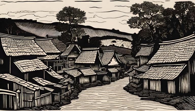 Woodcut,Woodcut, Village, village, no humans, monochrome, east asian architecture, tree, architecture