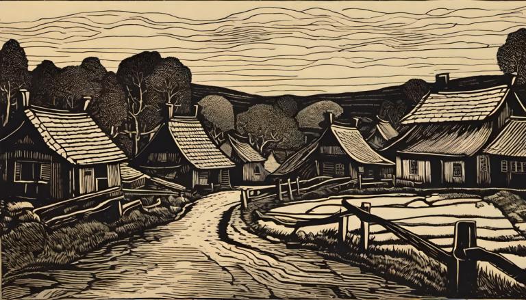 Woodcut,Woodcut, Village, village, monochrome, tree, east asian architecture, architecture, scenery