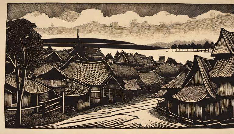 Woodcut,Woodcut, Village, village, no humans, monochrome, tree, east asian architecture, scenery