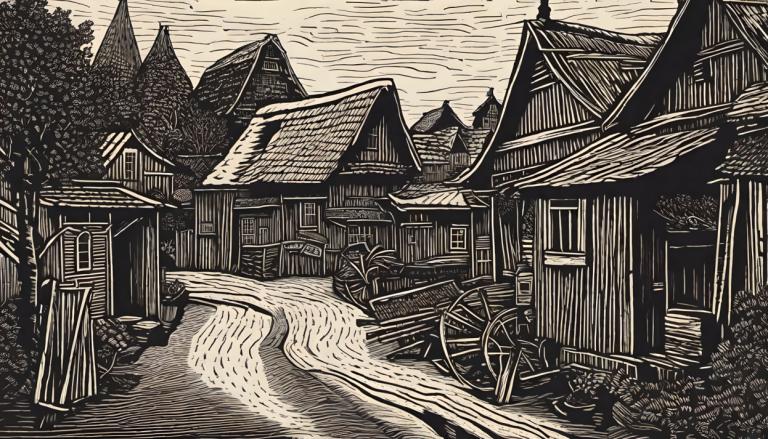 Woodcut,Woodcut, Village, village, monochrome, tree, no humans, scenery, east asian architecture