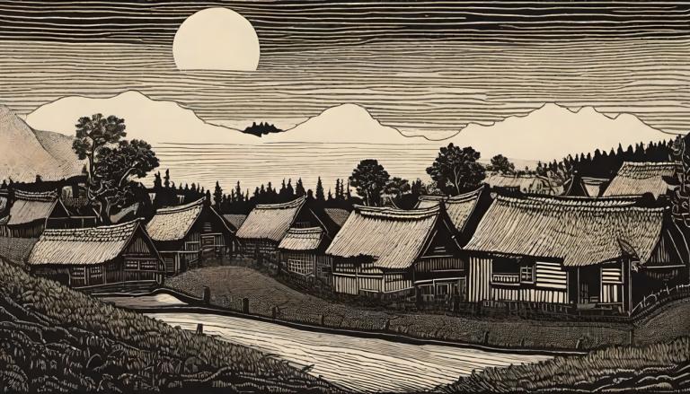 Woodcut,Woodcut, Village, village, no humans, monochrome, tree, scenery, cloud, outdoors, sky