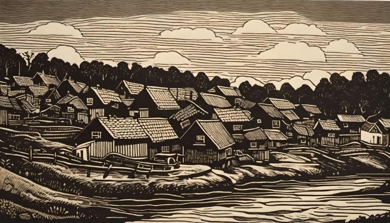 Woodcut,Woodcut, Village, village, monochrome, scenery, cloud, no humans, house, outdoors, tree, sky, grass