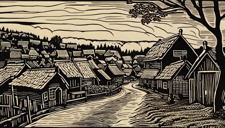 Woodcut,Woodcut, Village, village, tree, monochrome, no humans, scenery, east asian architecture