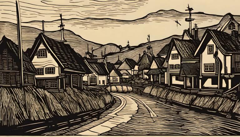 Woodcut,Woodcut, Village, village, no humans, house, monochrome, scenery, outdoors, mountain, road, sky