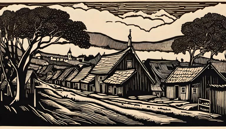 Woodcut,Woodcut, Village, village, tree, monochrome, no humans, scenery, house, cloud, outdoors, sky