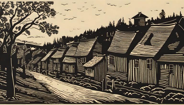 Woodcut,Woodcut, Village, village, no humans, tree, monochrome, scenery, house, architecture, outdoors