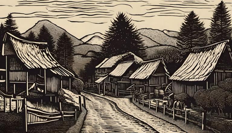 Woodcut,Woodcut, Village, village, no humans, monochrome, scenery, tree, east asian architecture, house