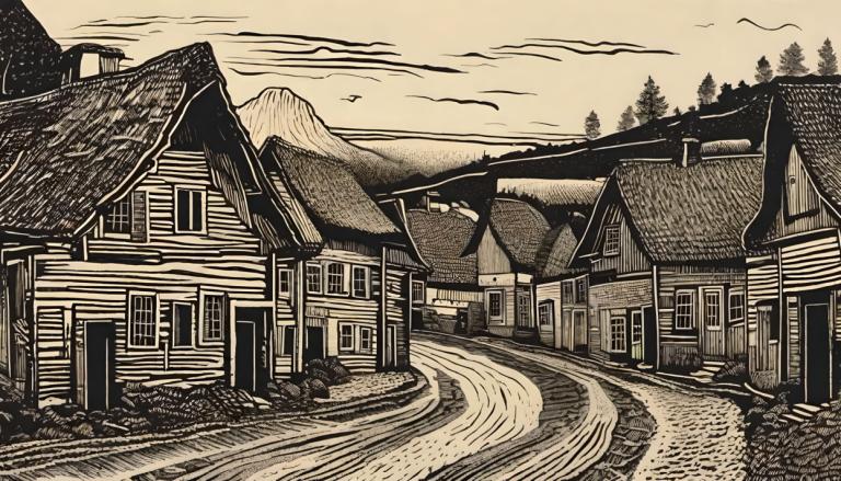 Woodcut,Woodcut, Village, village, monochrome, no humans, scenery, house, bird, outdoors, tree, mountain