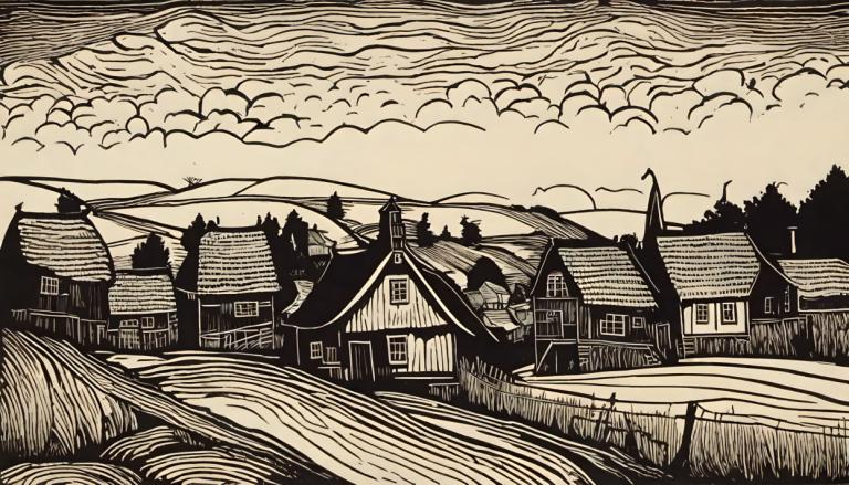 Woodcut,Woodcut, Village, village, monochrome, cloud, no humans, house, scenery, outdoors, grass, sky, tree