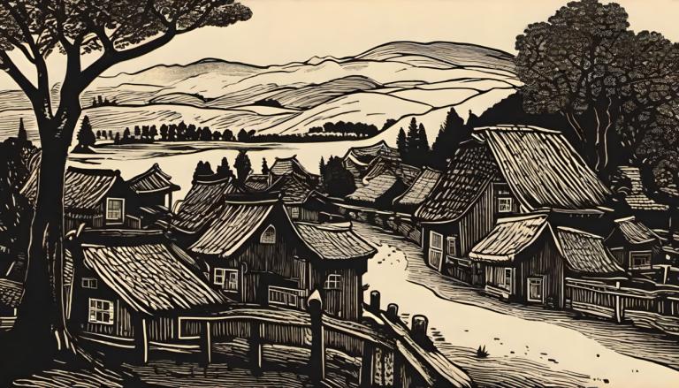 Woodcut,Woodcut, Village, village, no humans, tree, scenery, monochrome, house, outdoors