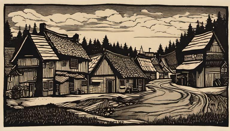 Woodcut,Woodcut, Village, village, no humans, monochrome, cloud, scenery, tree, outdoors, house, grass