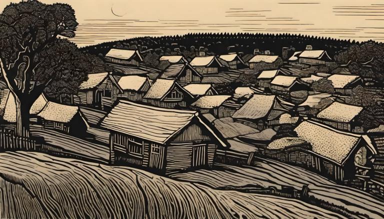 Woodcut,Woodcut, Village, village, tree, no humans, scenery, monochrome, house, outdoors