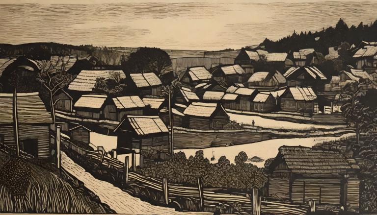 Woodcut,Woodcut, Village, village, scenery, tree, monochrome, outdoors, grass, no humans, house