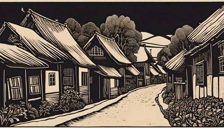 Woodcut,Woodcut, Village, village, monochrome, tree, no humans, house, plant, bush, outdoors