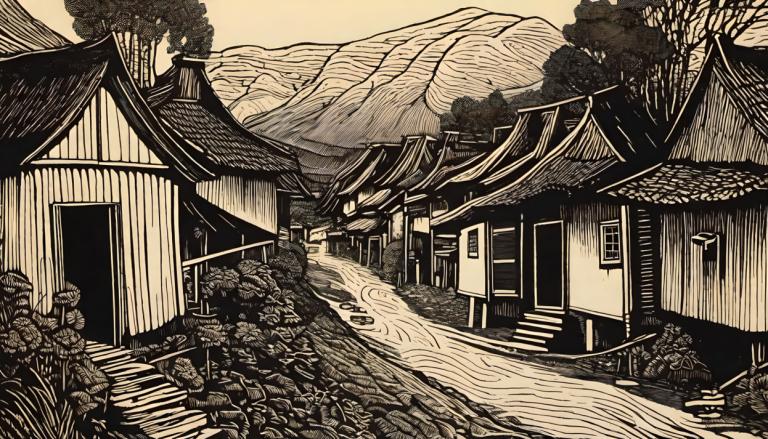 Woodcut,Woodcut, Village, village, no humans, monochrome, scenery, tree, east asian architecture, outdoors