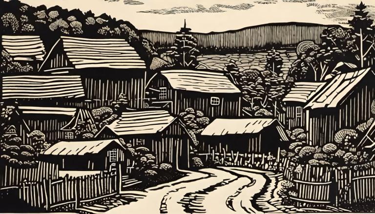 Woodcut,Woodcut, Village, village, monochrome, tree, scenery, outdoors, house, hat, plant, building, 1girl