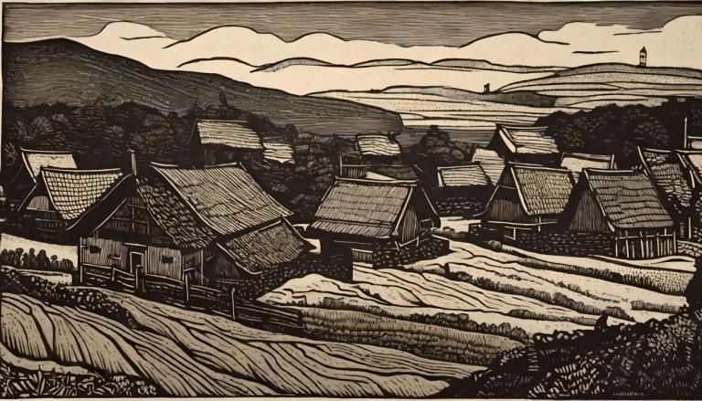 Woodcut,Woodcut, Village, village, monochrome, scenery, house, outdoors, cloud, no humans, sky, grass, tree