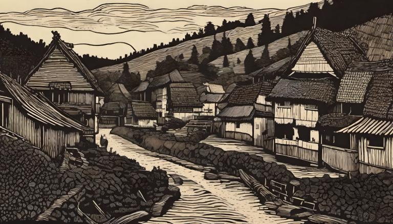 Woodcut,Woodcut, Village, village, monochrome, scenery, outdoors, architecture, east asian architecture, tree