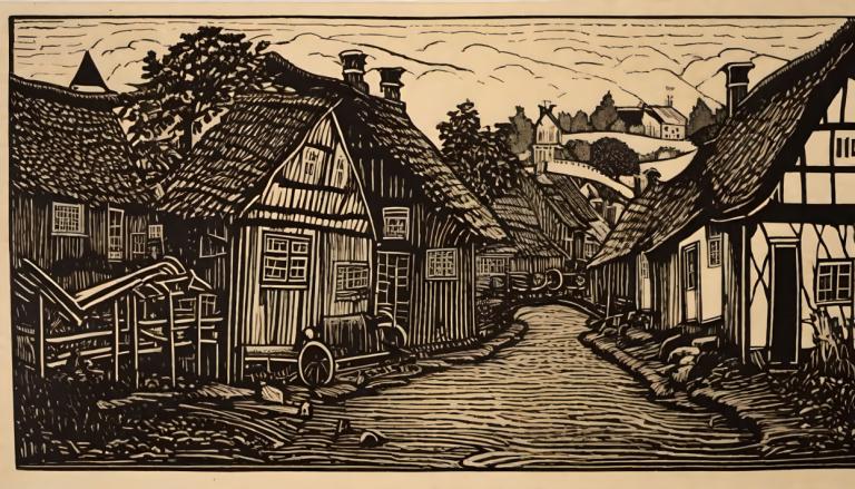 Woodcut,Woodcut, Village, village, monochrome, tree, house, no humans, scenery, building, outdoors, sky