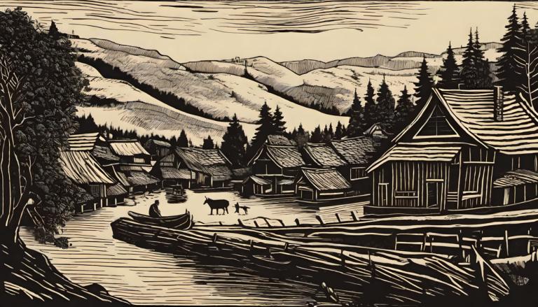 Woodcut,Woodcut, Village, village, monochrome, scenery, tree, no humans, outdoors, bridge