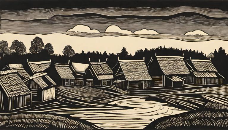 Woodcut,Woodcut, Village, village, no humans, monochrome, scenery, cloud, outdoors, tree, sky, grass, house