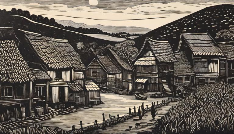 Woodcut,Woodcut, Village, village, scenery, monochrome, grass, outdoors, tree, no humans