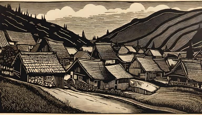 Woodcut,Woodcut, Village, village, no humans, scenery, monochrome, outdoors, grass, cloud, sky, building